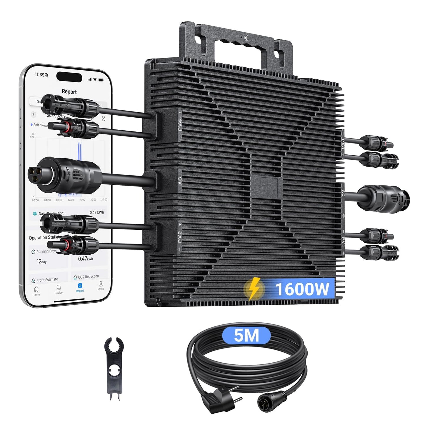 Micro-onduleur 1600 W, centrale électrique de balcon avec WiFi, Plug & Play, contrôle via application, câble AC 5 m, onduleur PV