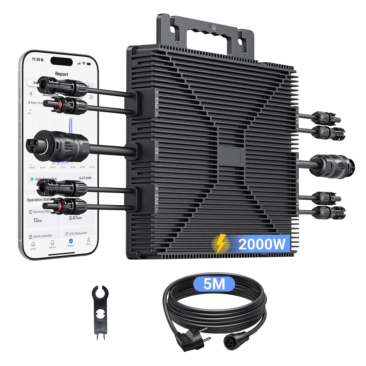 Micro-onduleur 2000 W, station d’énergie pour balcon avec Wi‑Fi, Plug & Play, contrôle par application, câble AC 5 m, onduleur PV