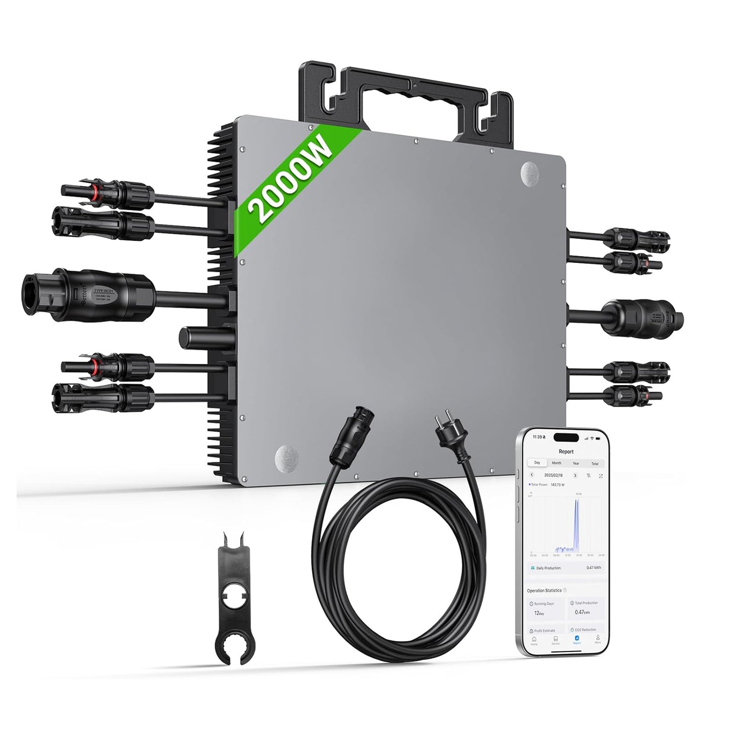 Micro-onduleur 2000 W, station d’énergie pour balcon avec Wi‑Fi, Plug & Play, contrôle par application, câble AC 5 m, onduleur PV