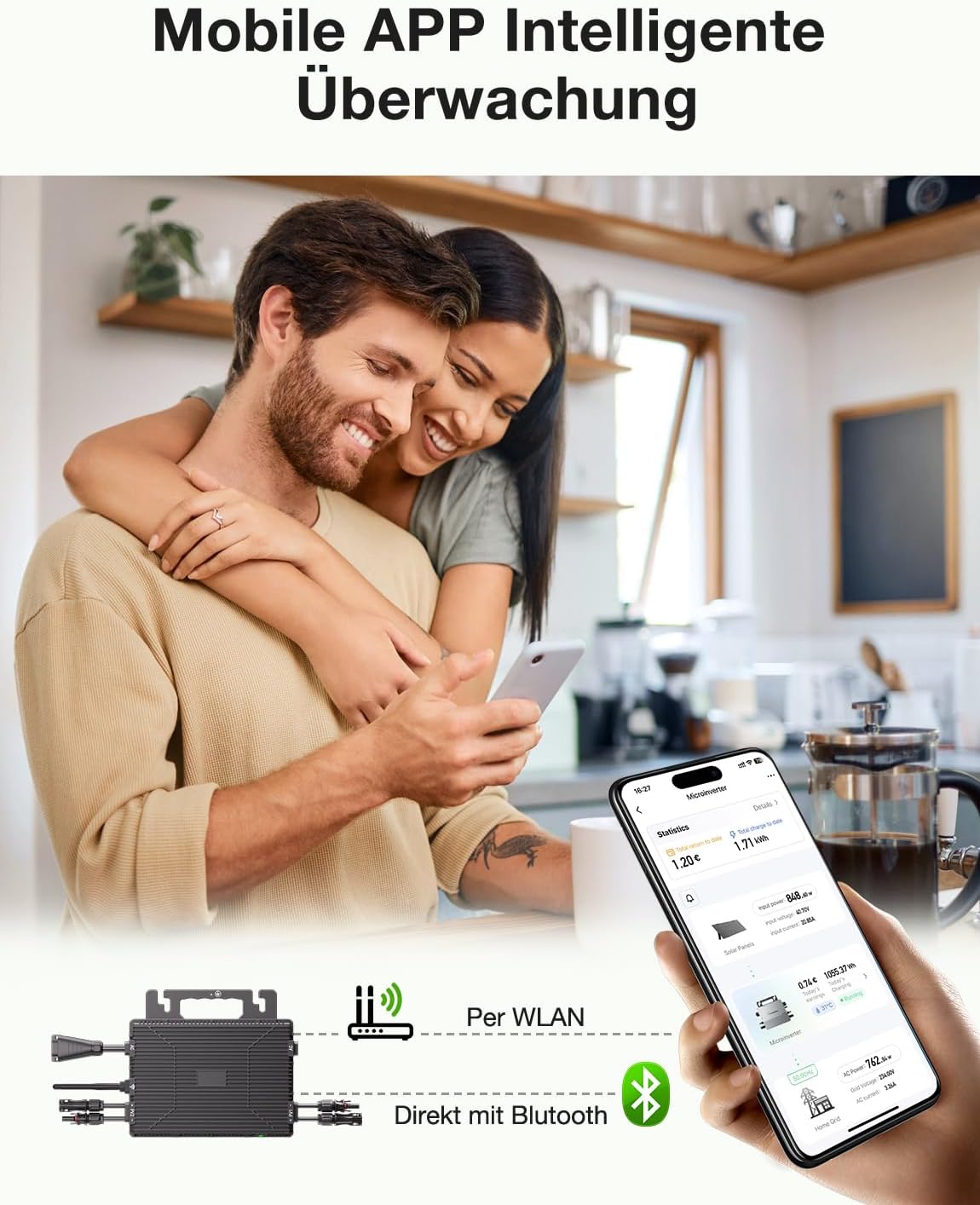 Micro-onduleur 800 W, centrale de balcon avec Wi‑Fi, Plug & Play, contrôle via application, câble CA de 5 m, onduleur PV