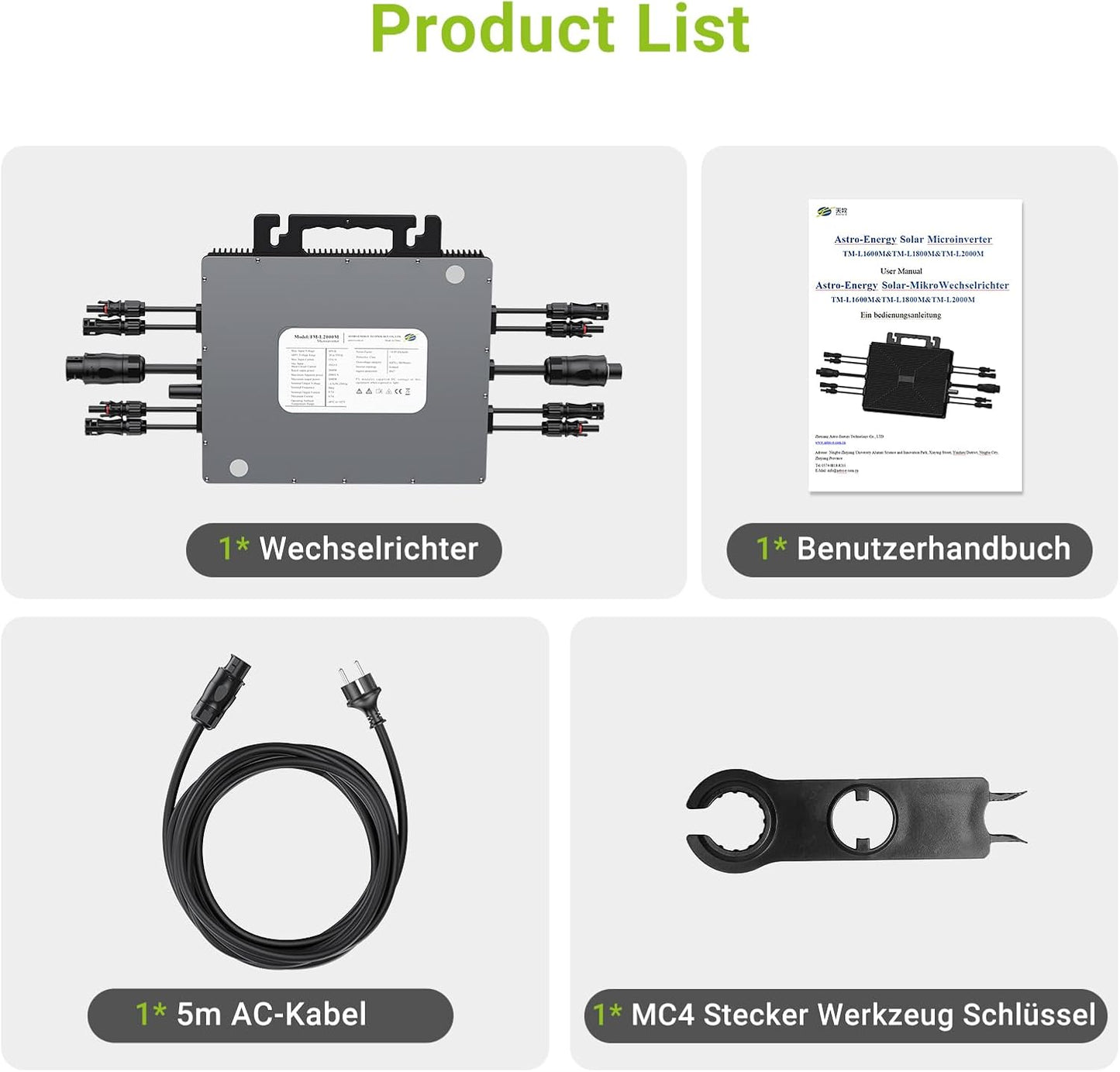Micro-onduleur 2000 W, station d’énergie pour balcon avec Wi‑Fi, Plug & Play, contrôle par application, câble AC 5 m, onduleur PV