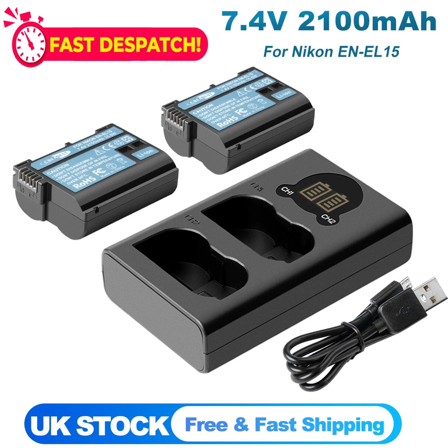 2x Batterie EN-EL15 + chargeur double pour Nikon EL15A D500, D600, D610, D750, D850, D800E