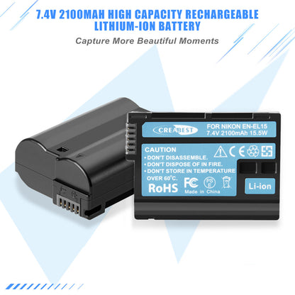 2x Batterie EN-EL15 + chargeur double pour Nikon EL15A D500, D600, D610, D750, D850, D800E