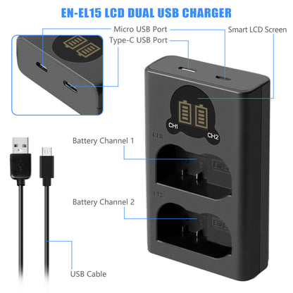 2x Batterie EN-EL15 + chargeur double pour Nikon EL15A D500, D600, D610, D750, D850, D800E