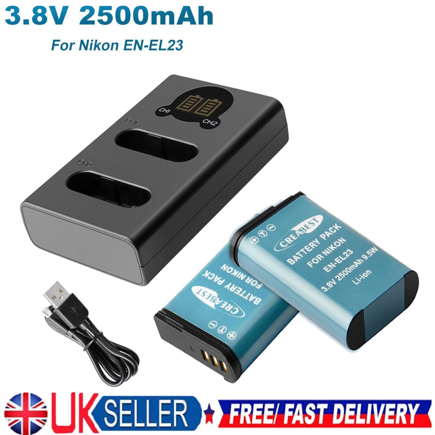 2X EN-EL23 Batterie & Chargeur pour Nikon Coolpix P900 S810c B700 P600 P610 P610s