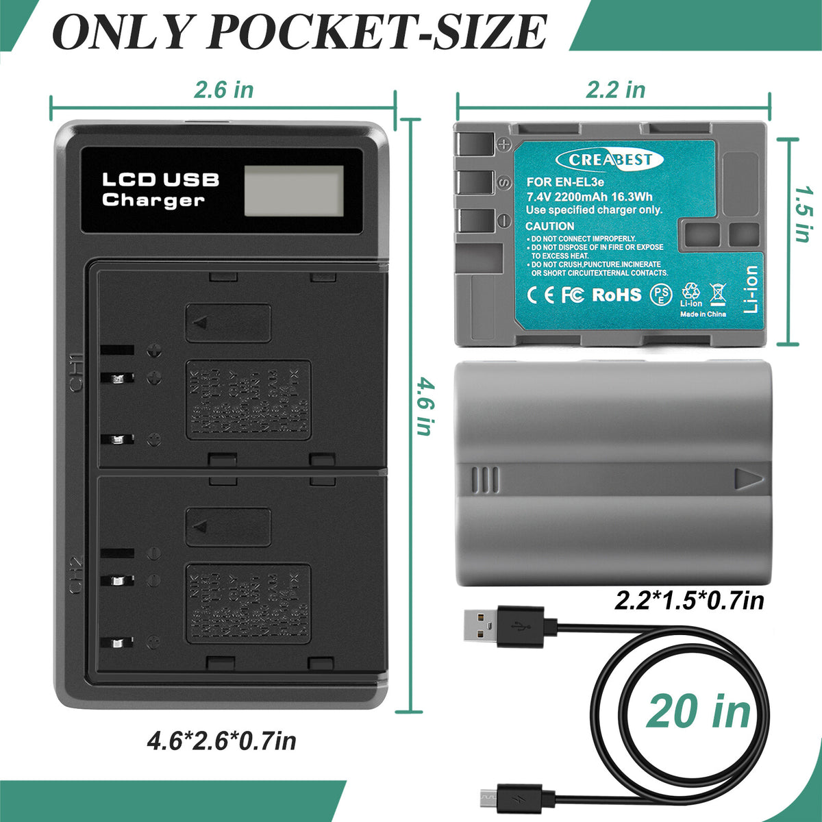 2 batteries EN-EL3E 2,2 Ah + chargeur double pour Nikon D70 D70S D100 D50 D90 D700 D300