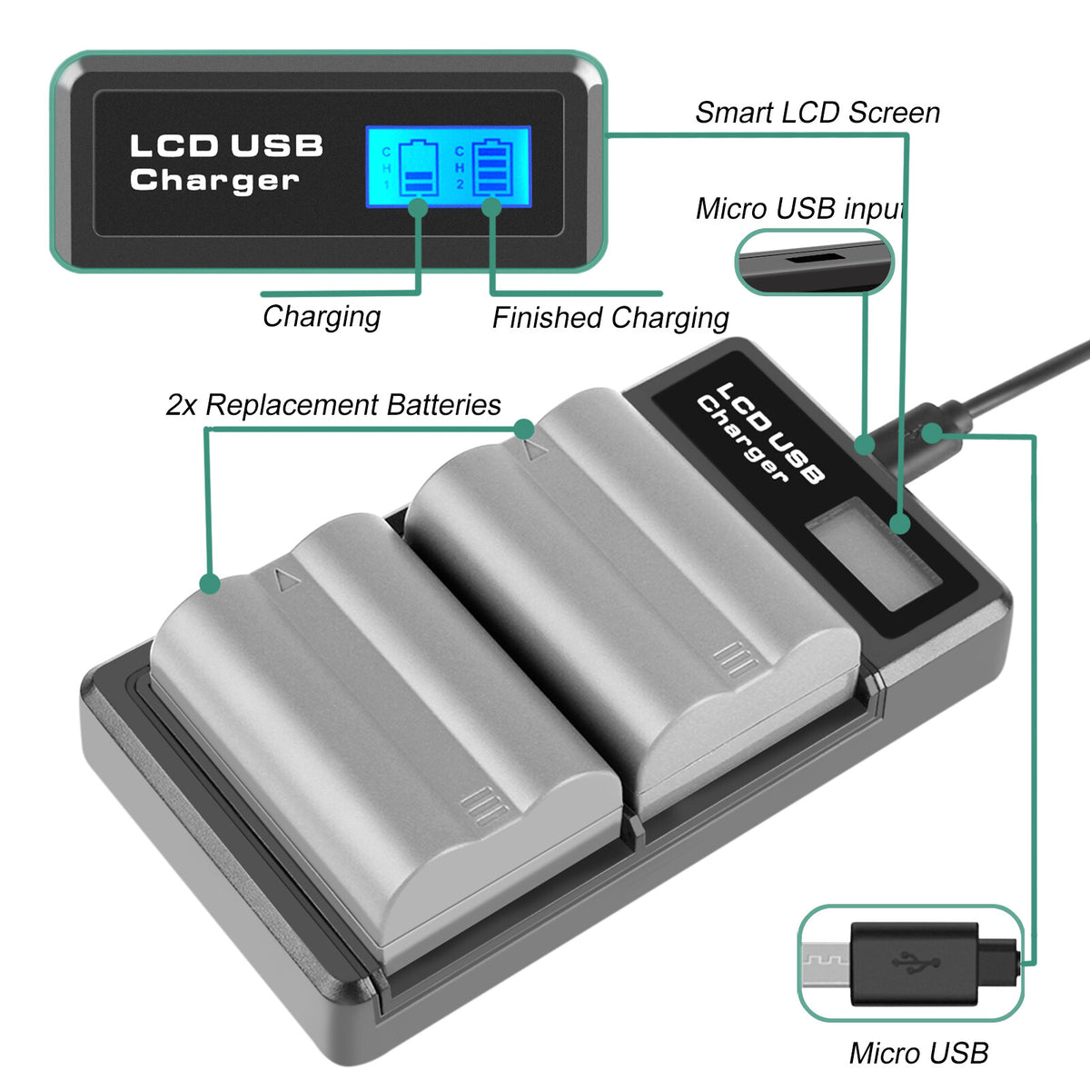 2 batteries EN-EL3E 2,2 Ah + chargeur double pour Nikon D70 D70S D100 D50 D90 D700 D300