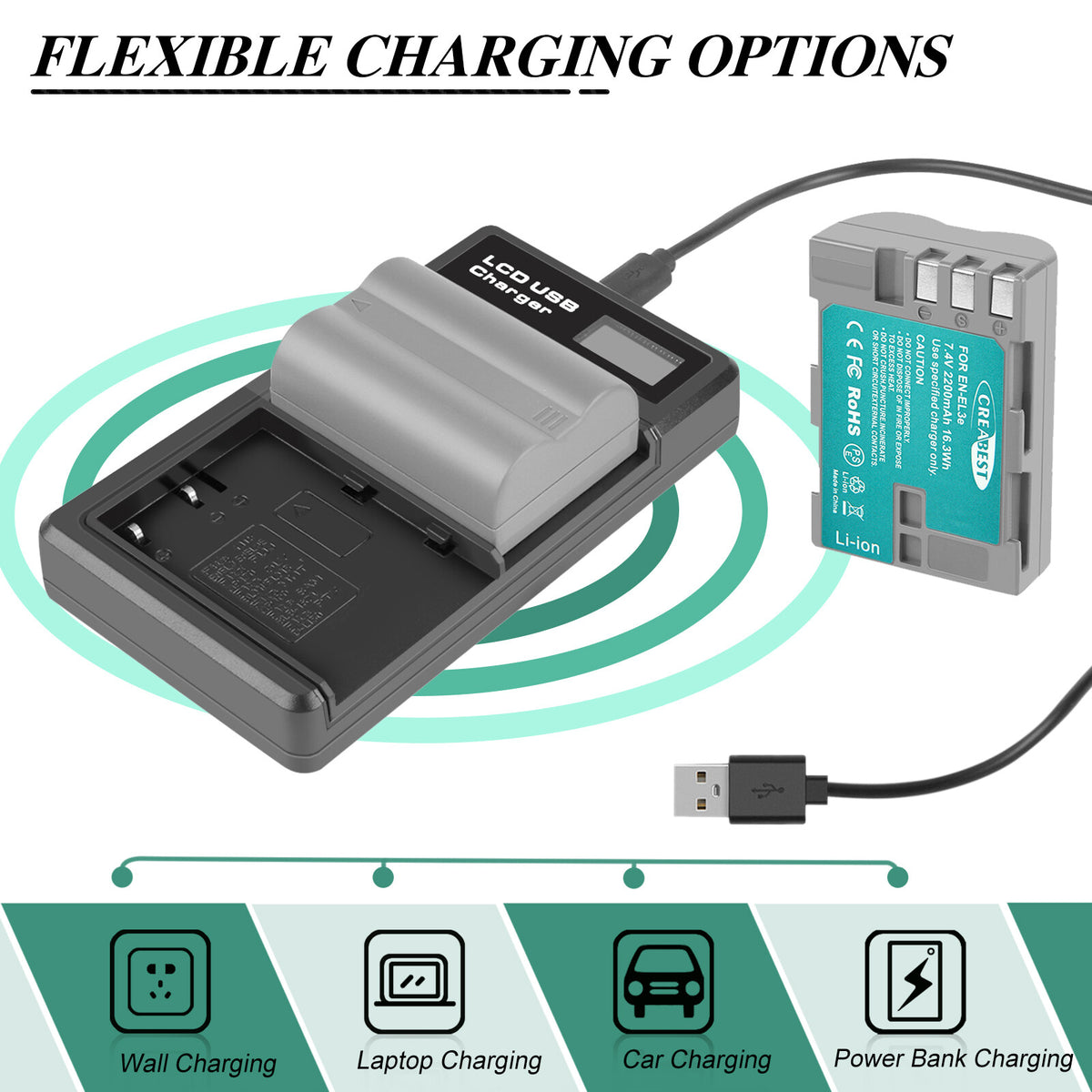 2 batteries EN-EL3E 2,2 Ah + chargeur double pour Nikon D70 D70S D100 D50 D90 D700 D300