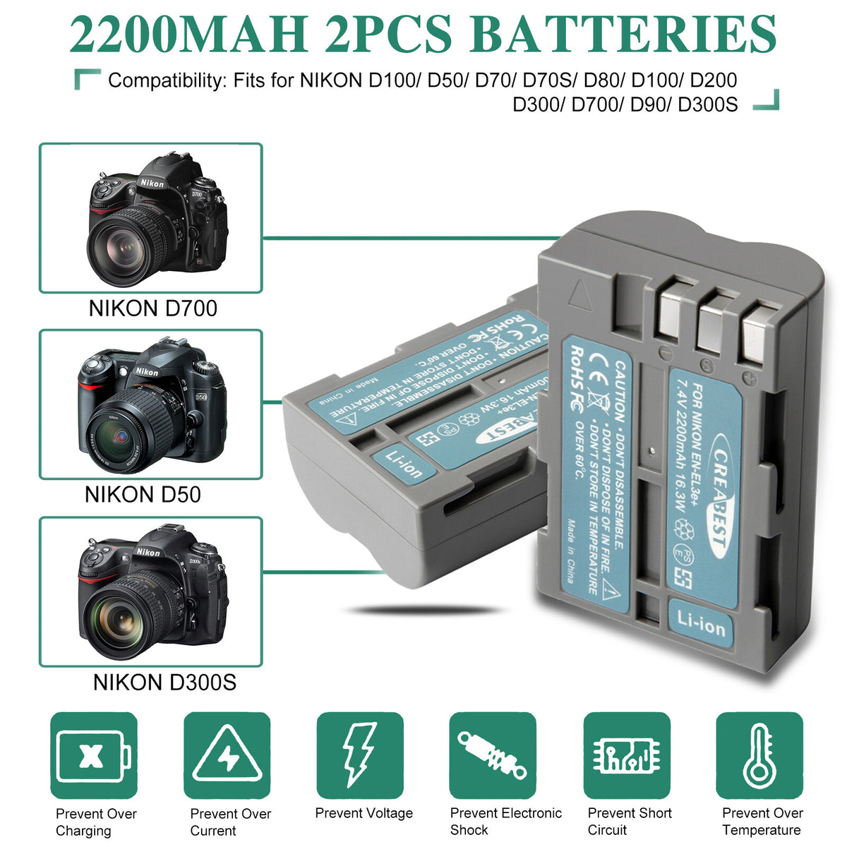 2 batteries EN-EL3E 2,2 Ah + chargeur double pour Nikon D70 D70S D100 D50 D90 D700 D300