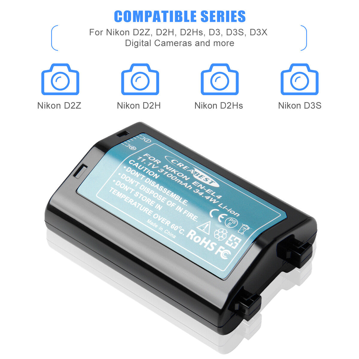 Batterie 3100mAh EN-EL4 pour Nikon EN-EL4e F6 D2X D2Xs D2H D2Hs D3 D3S D3X EN-EL4a