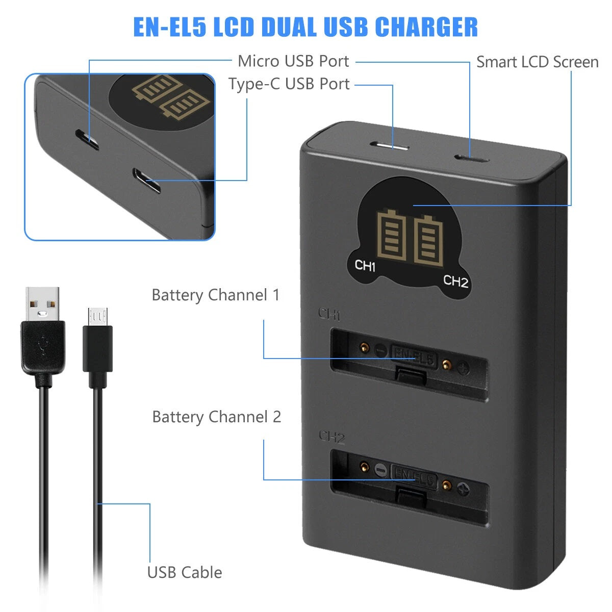 2x batterie EN-EL5 1600mAh + chargeur double pour Nikon Coolpix P520 P100 P510
