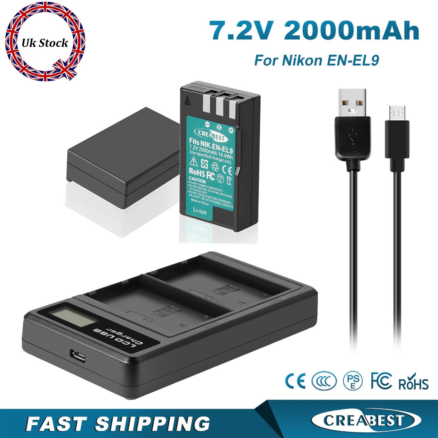 2x Batterie EN-EL9 2.0Ah +Chargeur pour Nikon EN-EL9a D40X DSLR D3000 D5000 D60 D40