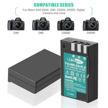 2x Batterie EN-EL9 2.0Ah +Chargeur pour Nikon EN-EL9a D40X DSLR D3000 D5000 D60 D40