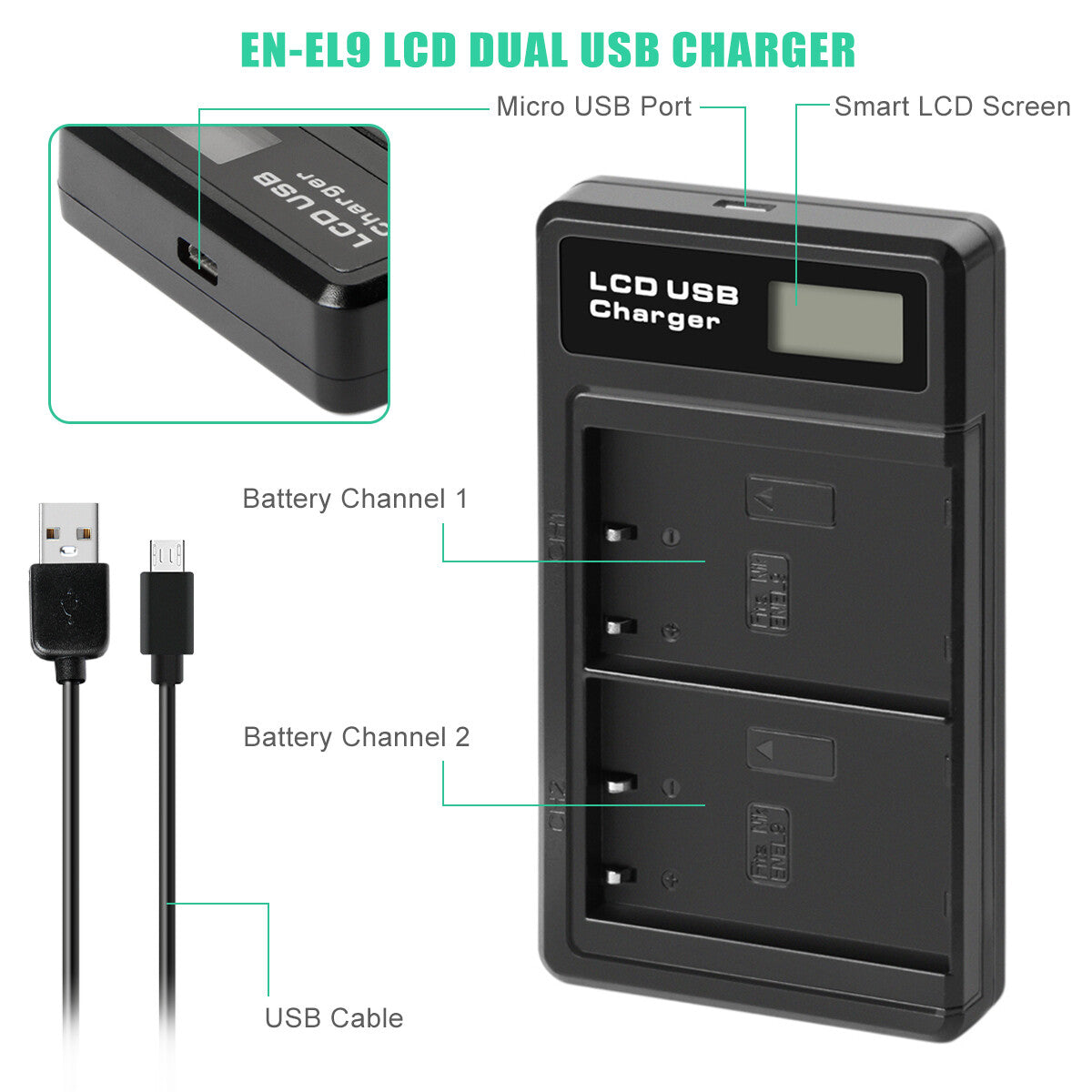 2x Batterie EN-EL9 2.0Ah +Chargeur pour Nikon EN-EL9a D40X DSLR D3000 D5000 D60 D40