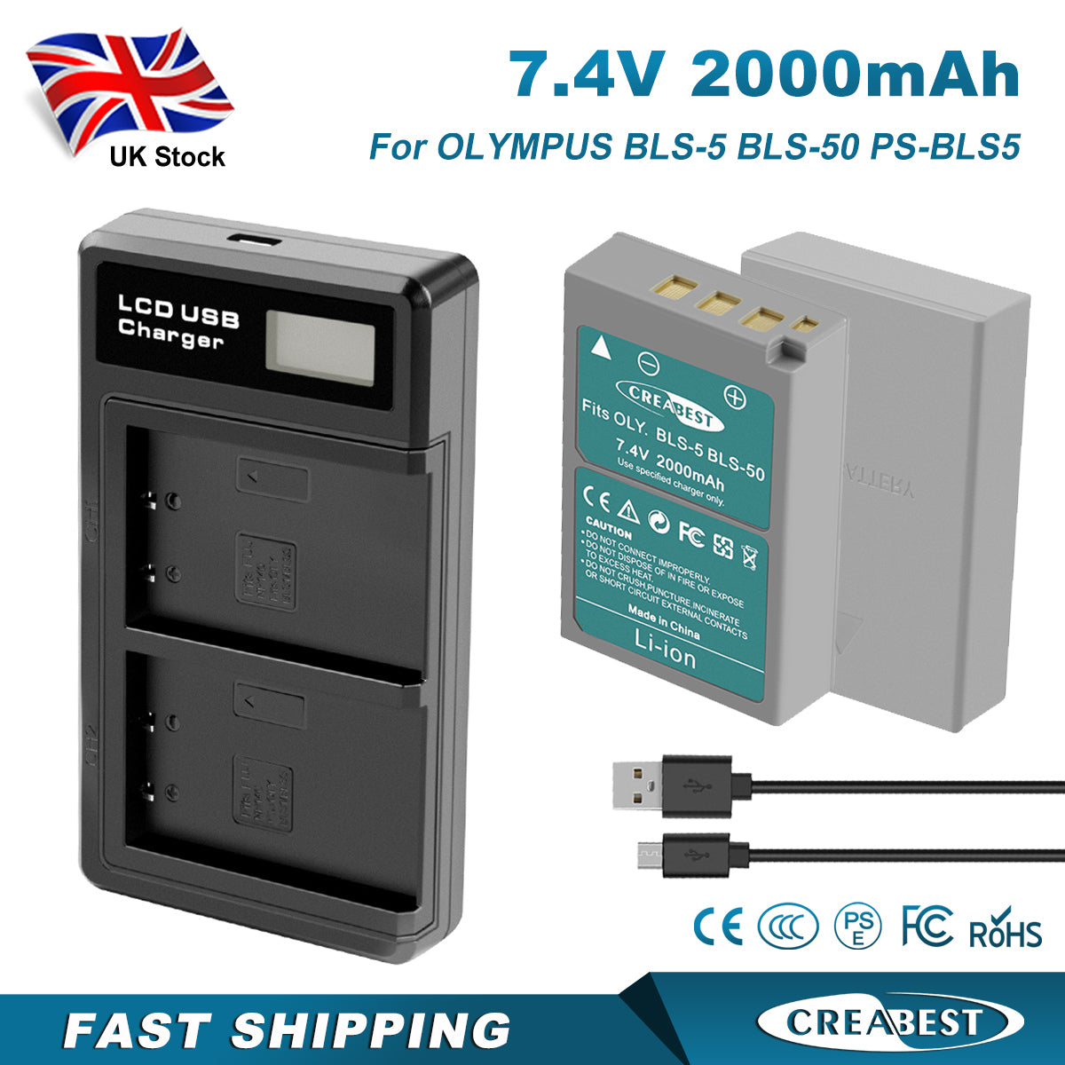 2x BLS-5 BLS-50 PS-BLS5 2000mAh Batterie pour Appareil Photo + Chargeur Double Pour Olympus PEN