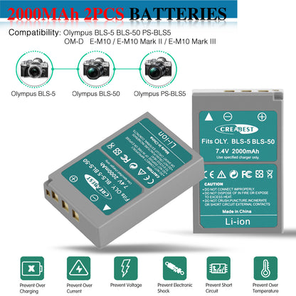 2x BLS-5 BLS-50 PS-BLS5 2000mAh Batterie pour Appareil Photo + Chargeur Double Pour Olympus PEN