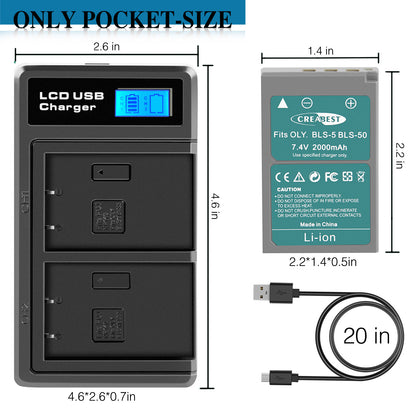 2x BLS-5 BLS-50 PS-BLS5 2000mAh Batterie pour Appareil Photo + Chargeur Double Pour Olympus PEN