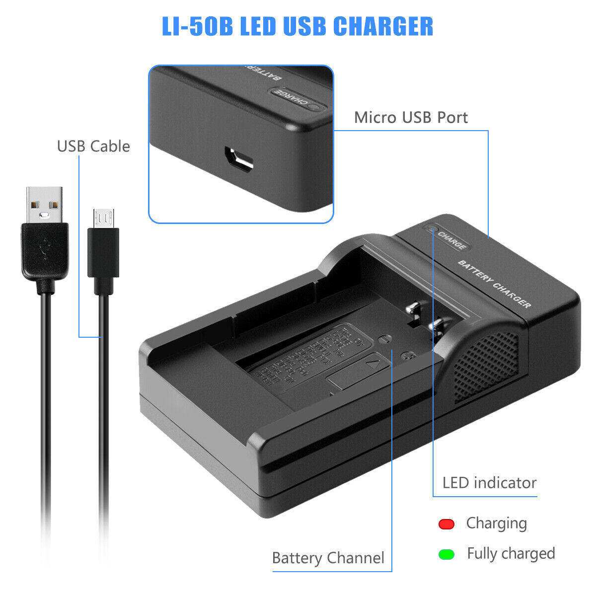 Chargeur USB 2x Li-50B pour Olympus SZ-30 SZ-20 XZ-10 SP-800UZ SP-815UZ