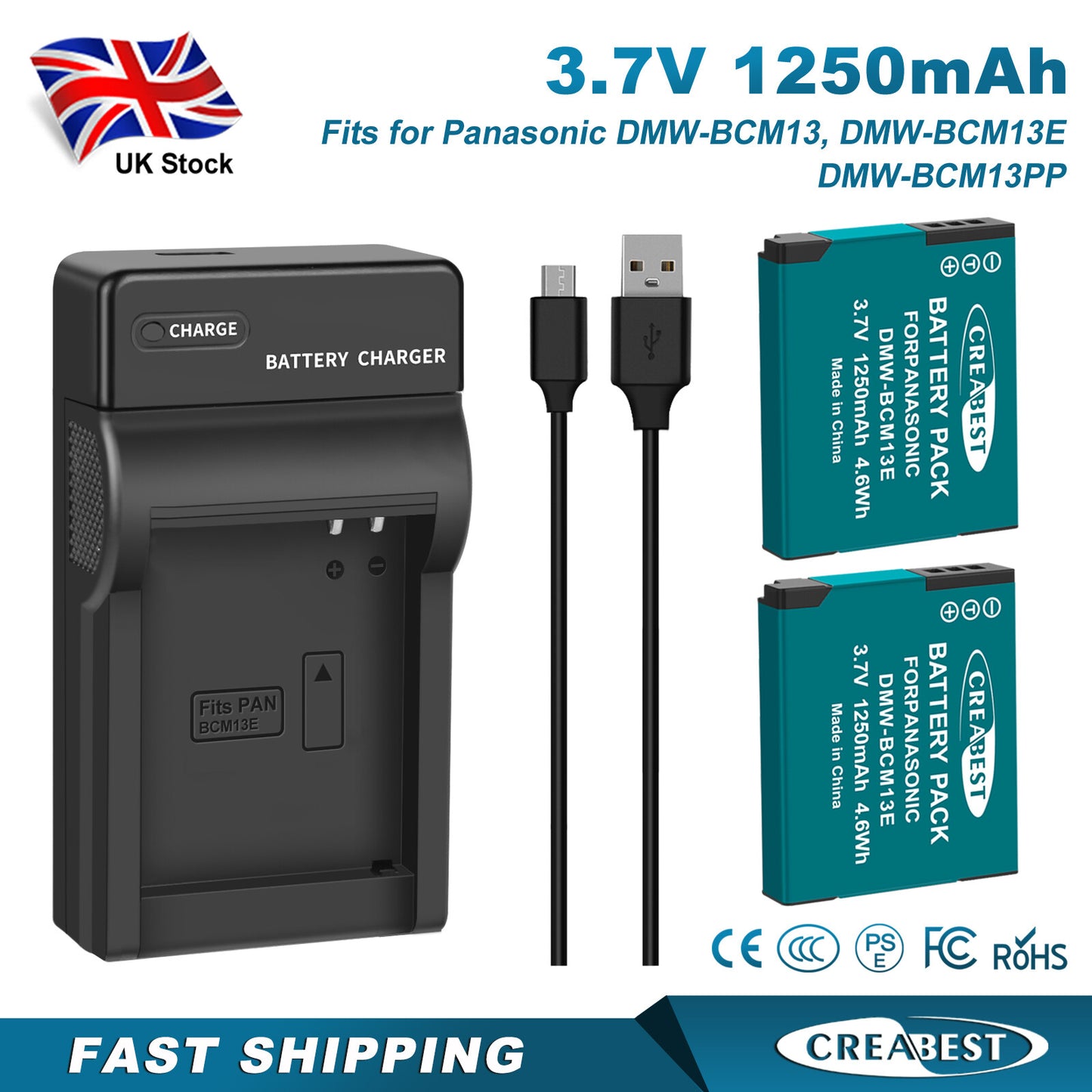 2 Pièces DMW-BCM13 1250mAh Chargeur De Batterie Pour Panasonic Lumix DMC-TZ40S ZS50 ZS30W
