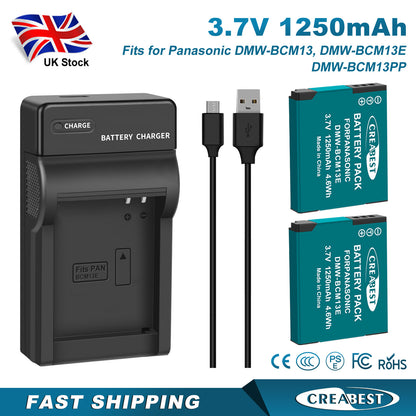 2 Pièces DMW-BCM13 1250mAh Chargeur De Batterie Pour Panasonic Lumix DMC-TZ40S ZS50 ZS30W