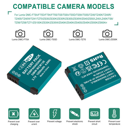 2 Pièces DMW-BCM13 1250mAh Chargeur De Batterie Pour Panasonic Lumix DMC-TZ40S ZS50 ZS30W
