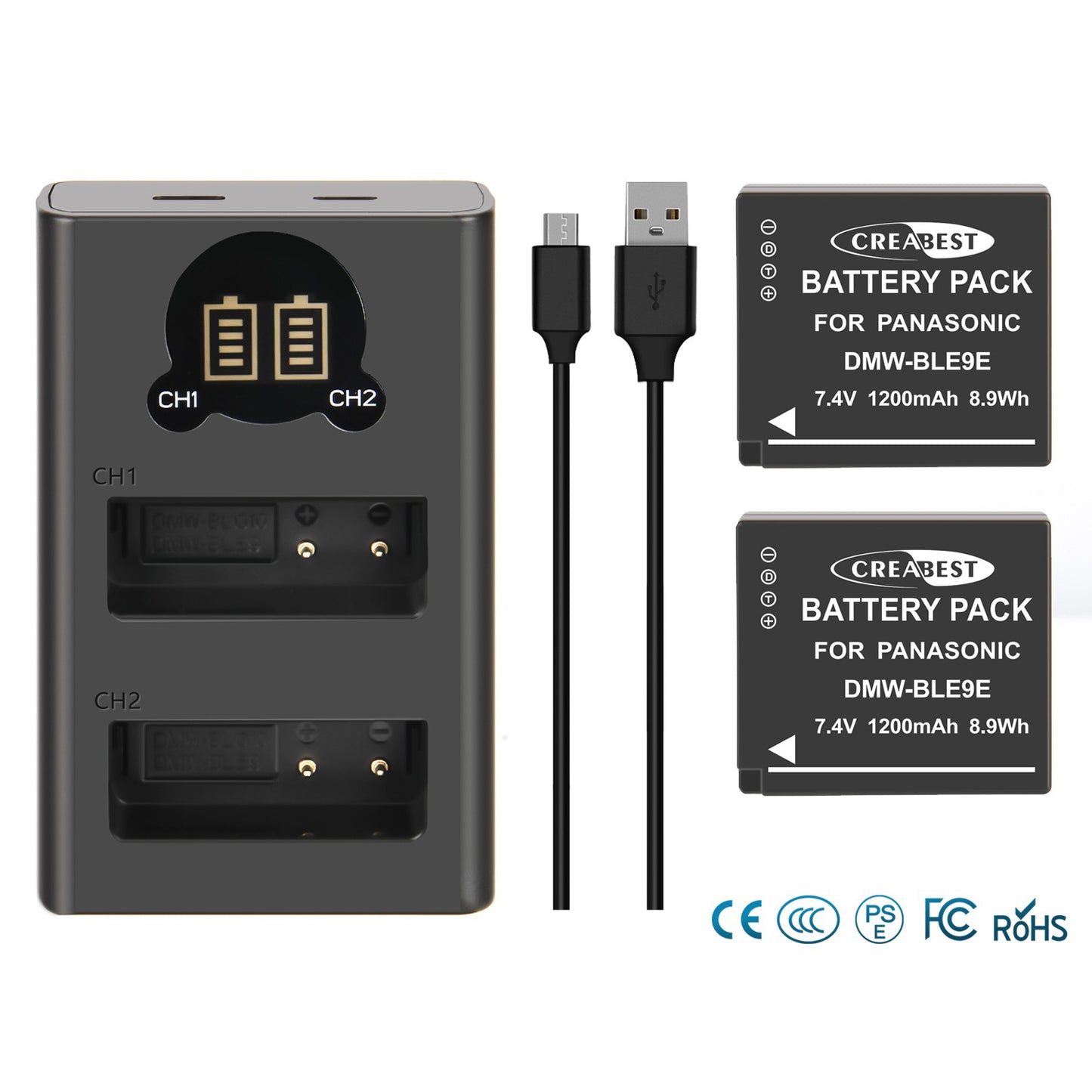 2 Pièces Chargeur de Batterie DMW-BLE9E pour Panasonic Lumix GF5 GX7 DMC- GF3 DC-G110 GX85
