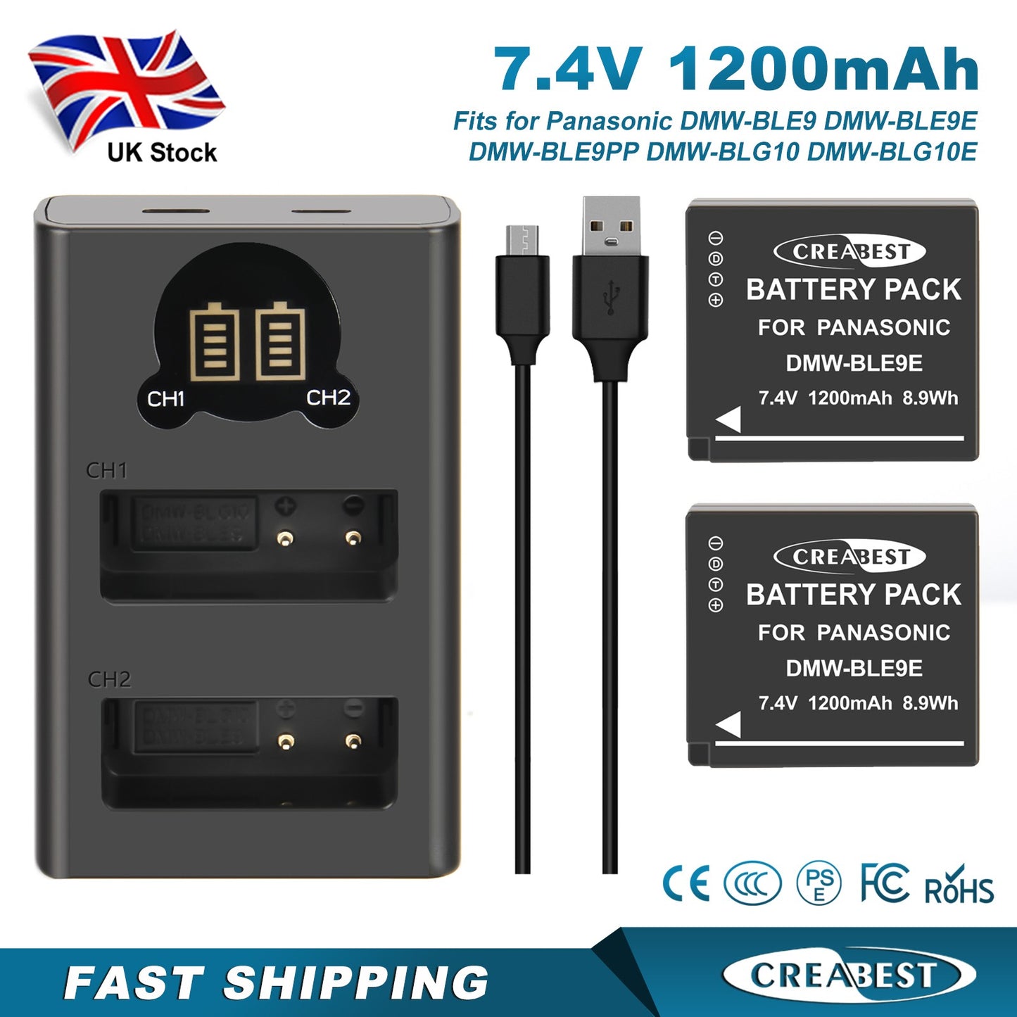 2 Pièces Chargeur de Batterie DMW-BLE9E pour Panasonic Lumix GF5 GX7 DMC- GF3 DC-G110 GX85