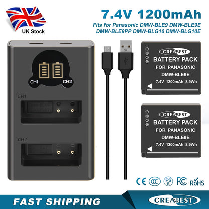 2 Pièces Chargeur de Batterie DMW-BLE9E pour Panasonic Lumix GF5 GX7 DMC- GF3 DC-G110 GX85