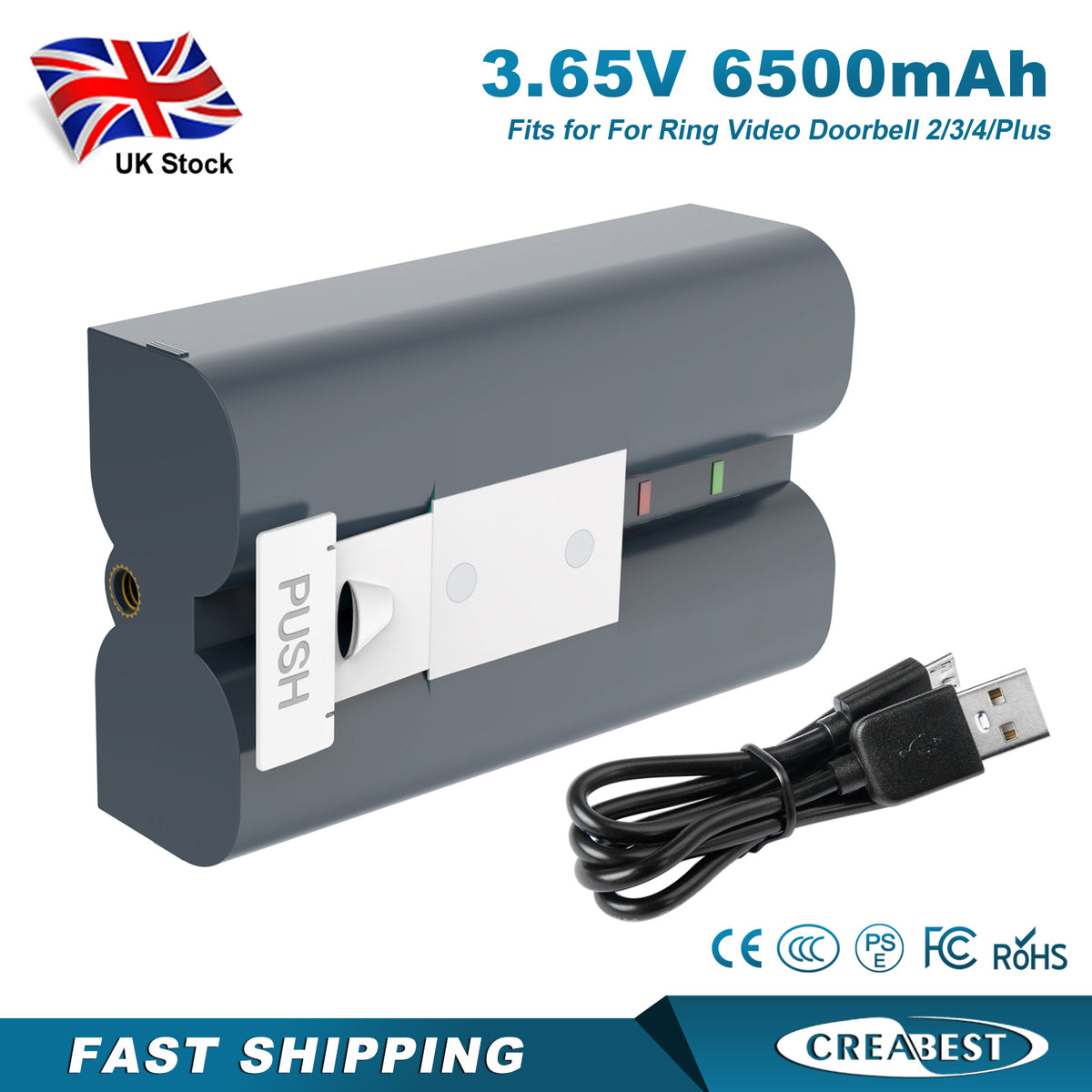 SHENTEC 6.4Ah V4 Batterie rechargeable pour Ring Video Doorbell 2 3 4 Spotlight Stick Up