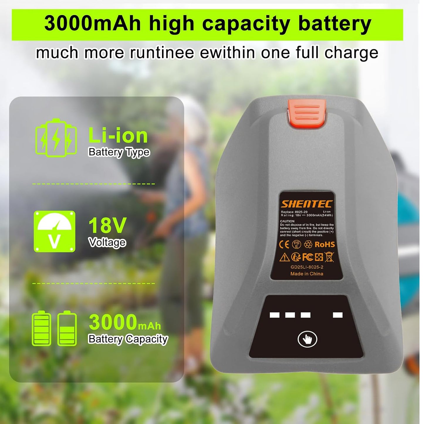 SHENTEC Batterie de remplacement 18 V pour Gardena 008A231 8025-20 Boîte à tuyau murale Comfort 35 à enroulement automatique LI 8025