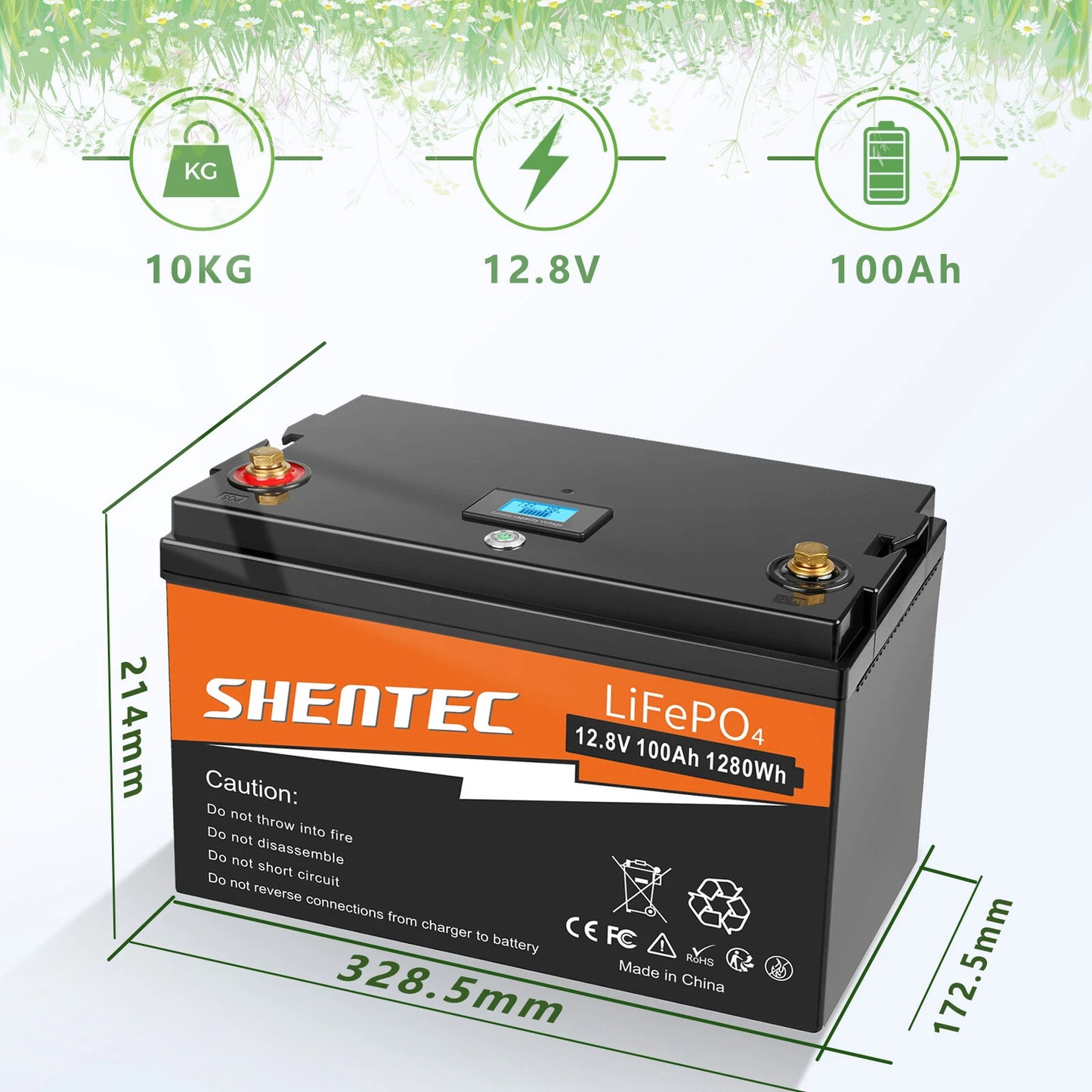 SHENTEC Batterie 12 V 100 Ah LiFePO4 Avec Écran LED, BMS 100 A Intégré Pour Alimentation De Secours