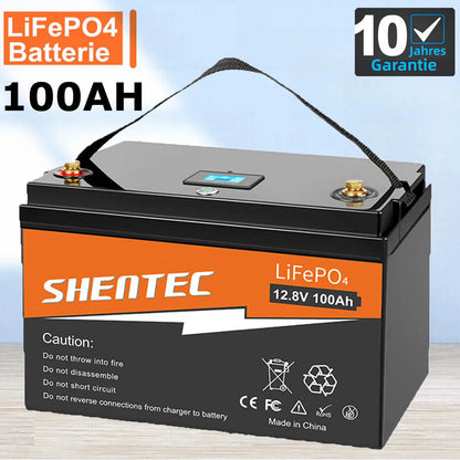 SHENTEC Batterie 12 V 100 Ah LiFePO4 Avec Écran LED, BMS 100 A Intégré Pour Alimentation De Secours