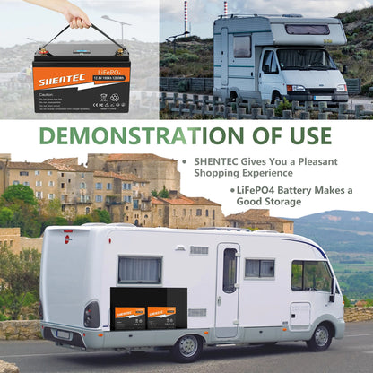 SHENTEC Batterie 12 V 100 Ah LiFePO4 Avec Écran LED, BMS 100 A Intégré Pour Alimentation De Secours