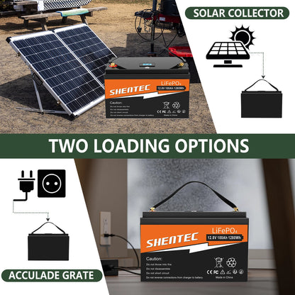 SHENTEC Batterie 12 V 100 Ah LiFePO4 Avec Écran LED, BMS 100 A Intégré Pour Alimentation De Secours