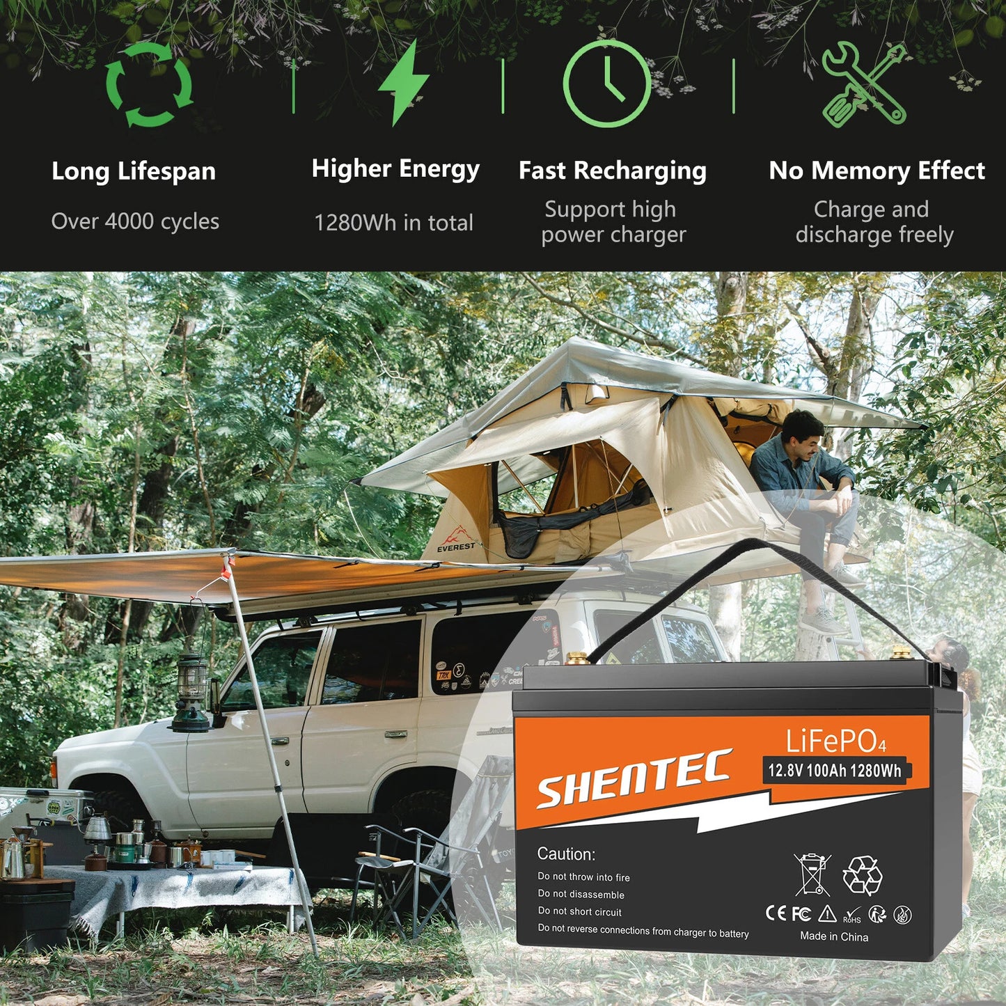 SHENTEC Batterie 12 V 100 Ah LiFePO4 Avec Écran LED, BMS 100 A Intégré Pour Alimentation De Secours