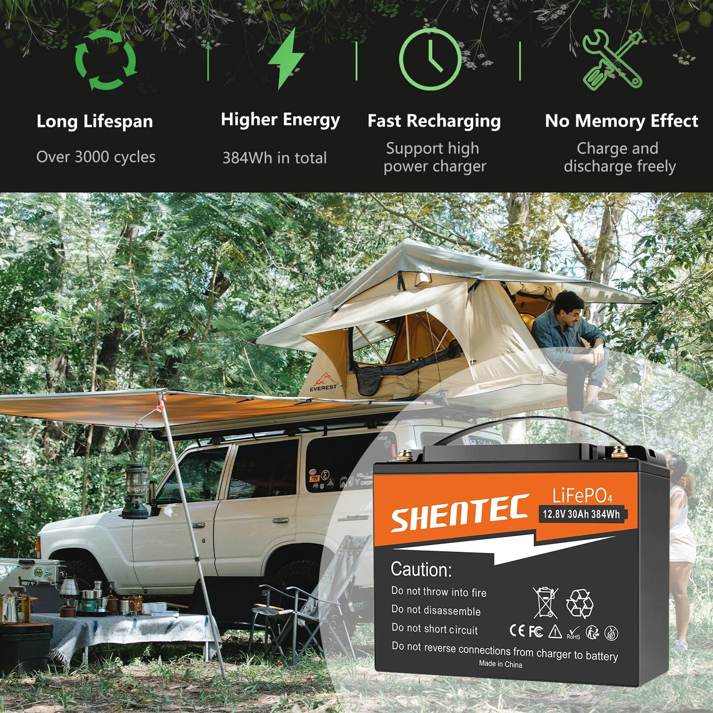 SHENTEC 12.8V 30AH Batterie Lithium LiFePO4 pour Maison Camping-Car Bateau Alimentation d'Urgence