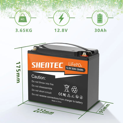 SHENTEC 12.8V 30AH Batterie Lithium LiFePO4 pour Maison Camping-Car Bateau Alimentation d'Urgence