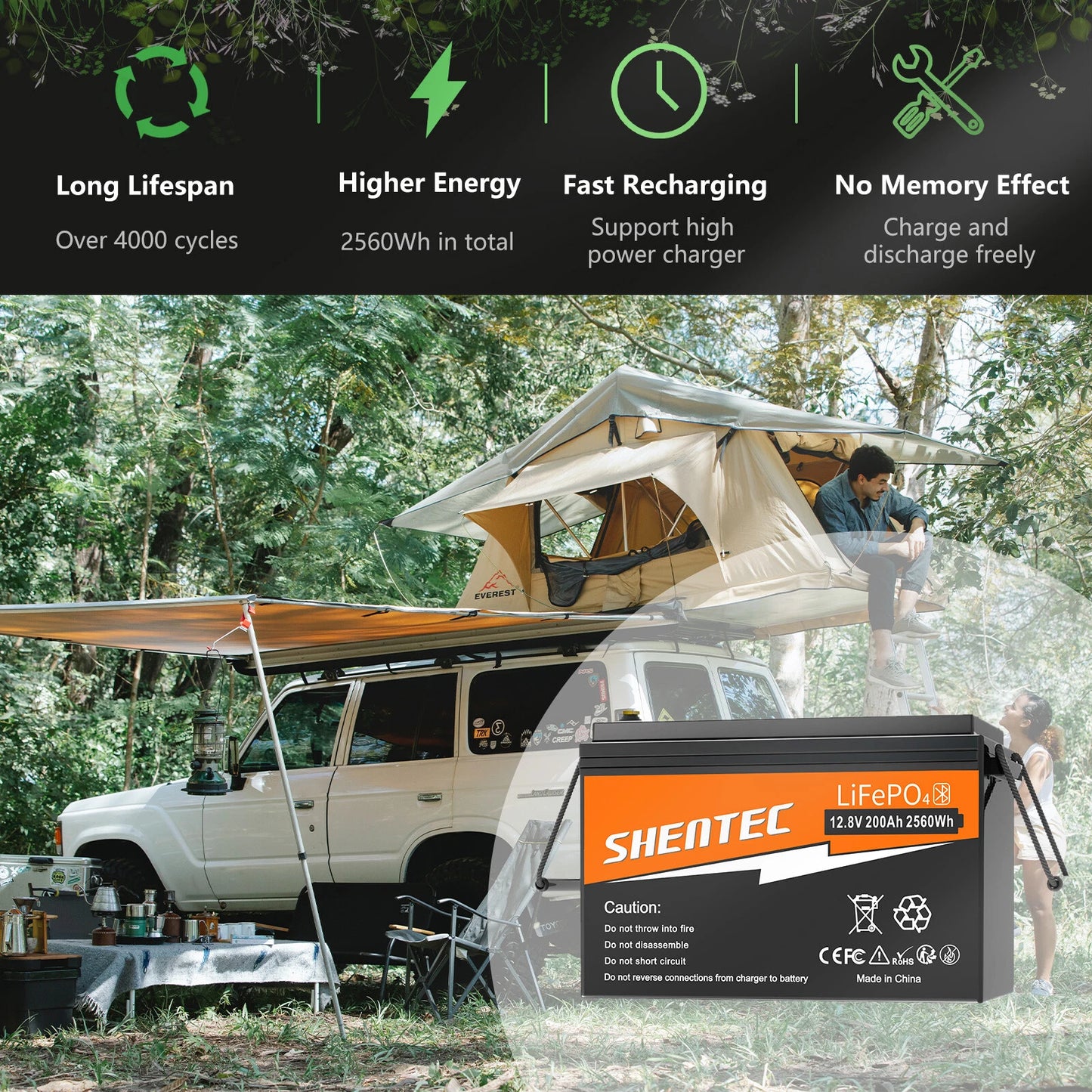 SHENTEC BATTERIE 12V 200Ah LITHIUM LiFePO4 POUR BATEAU ET CAMPING-CAR 6000+ CYCLES