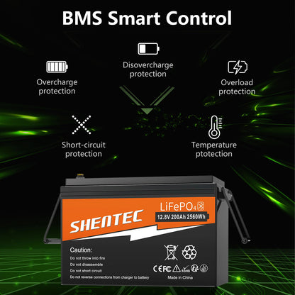 SHENTEC BATTERIE 12V 200Ah LITHIUM LiFePO4 POUR BATEAU ET CAMPING-CAR 6000+ CYCLES