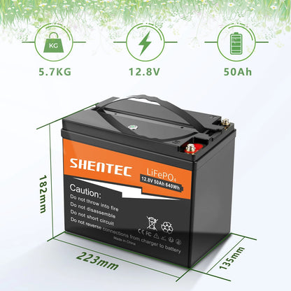 SHENTEC Batterie Lithium LiFePO4 12.8V 50Ah pour Solaire, Camping-Car, Bateau, Caravane, Camping