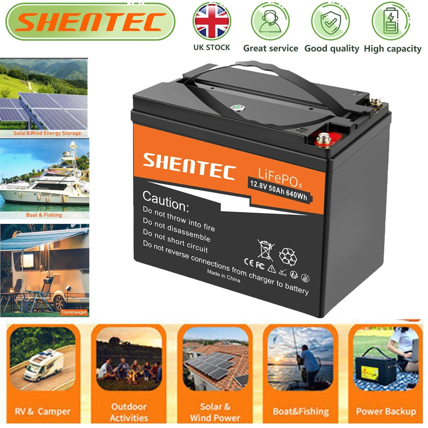 SHENTEC Batterie Lithium LiFePO4 12.8V 50Ah pour Solaire, Camping-Car, Bateau, Caravane, Camping