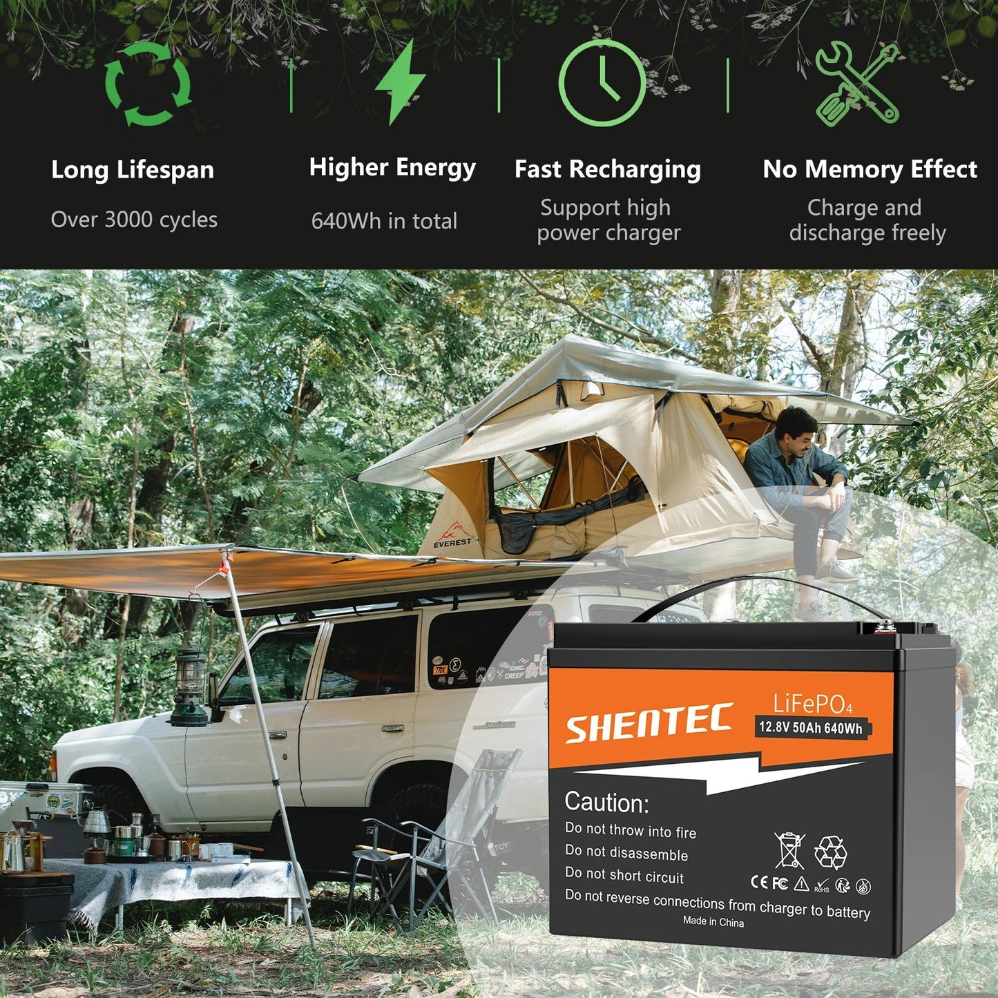 SHENTEC Batterie Lithium LiFePO4 12.8V 50Ah pour Solaire, Camping-Car, Bateau, Caravane, Camping