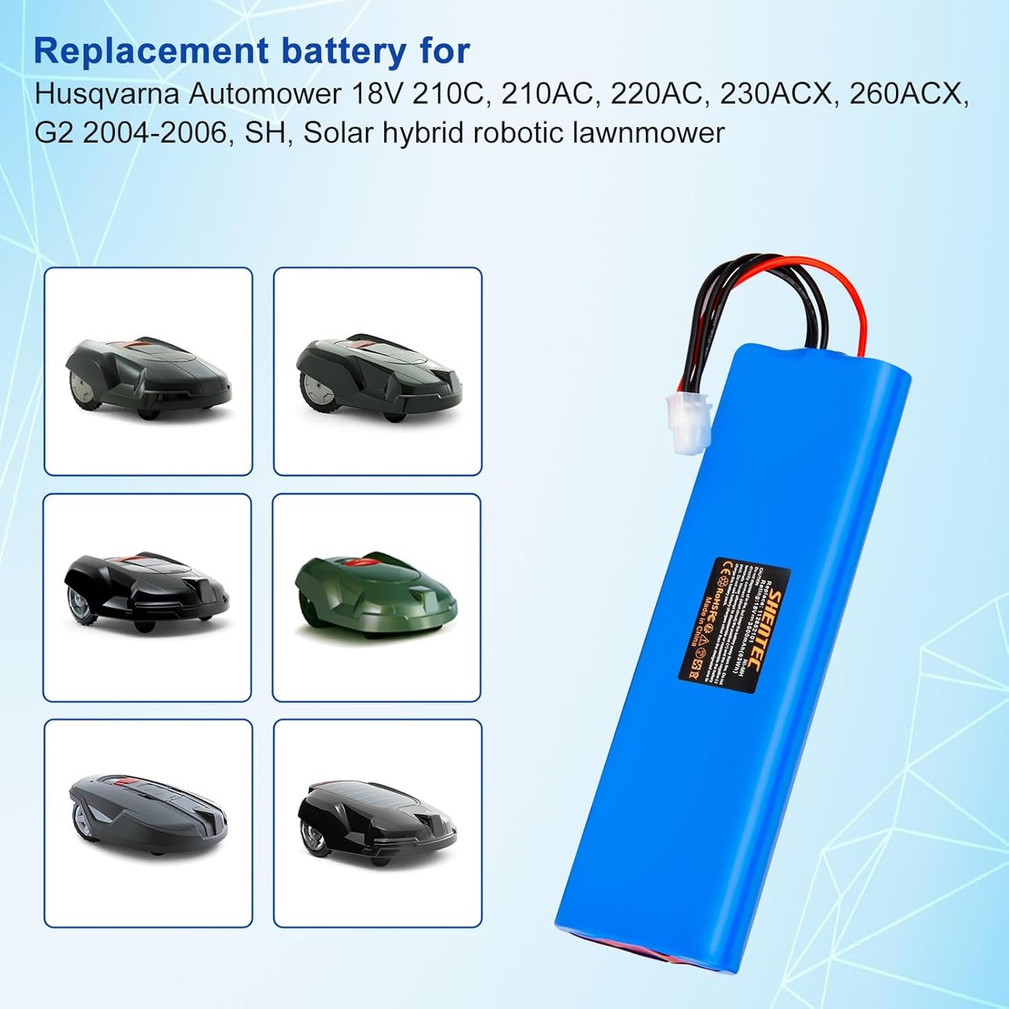 SHENTEC Batterie de remplacement Ni-MH pour tondeuse à gazon 18V pour Husqvarna Automower 210C, 210AC, 220AC, 230ACX, 260ACX, G2 2004-2006