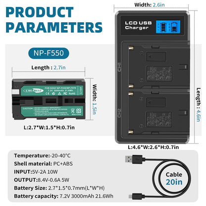 Pack de 2 Batterie 7.2V NP-F550 + Chargeur double pour SONY NP-F970 NP-F960 F990 F950 F530 F330