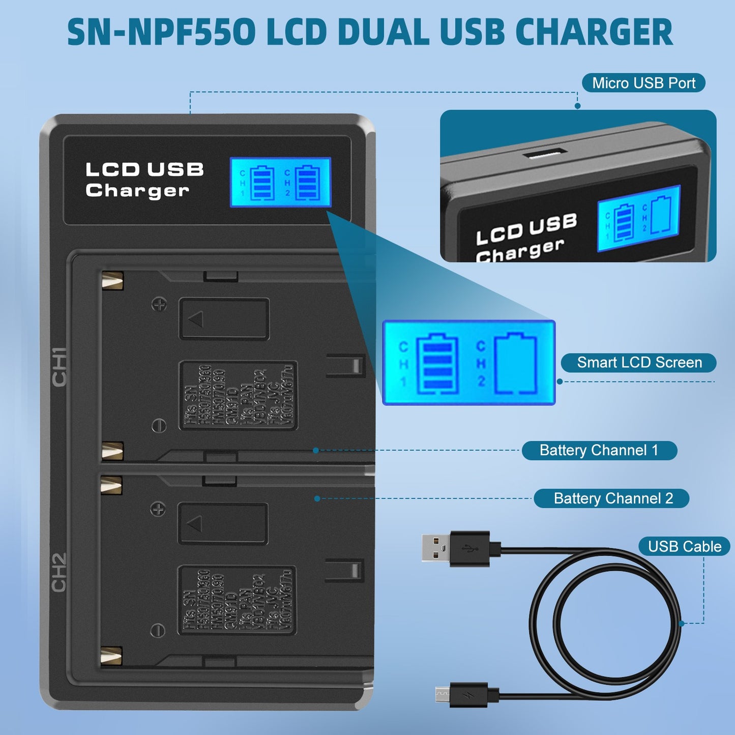 Pack de 2 Batterie 7.2V NP-F550 + Chargeur double pour SONY NP-F970 NP-F960 F990 F950 F530 F330