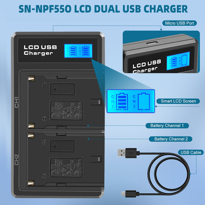 Pack de 2 Batterie 7.2V NP-F550 + Chargeur double pour SONY NP-F970 NP-F960 F990 F950 F530 F330