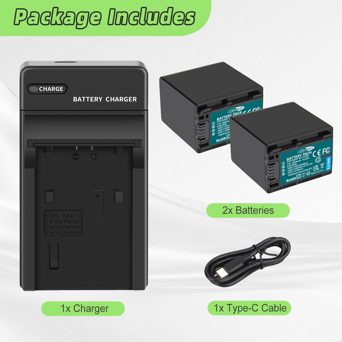 2x Batterie NP-FV70 2.6ah pour Sony NP-FV100 NP-FV90 NP-FV50 NP-FV30 NP-FV40 Chargeur