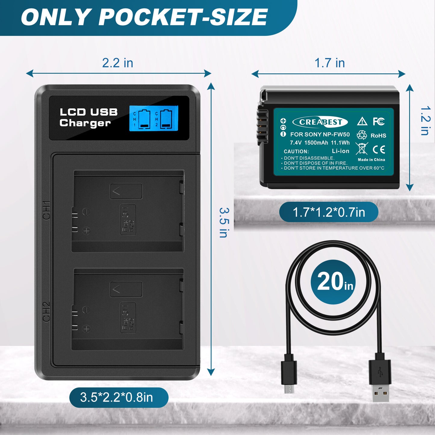 2X NP-FW50 Batteries et chargeur rapide pour Sony A6500 A6000 A7R A7RII A7S A7II RX10