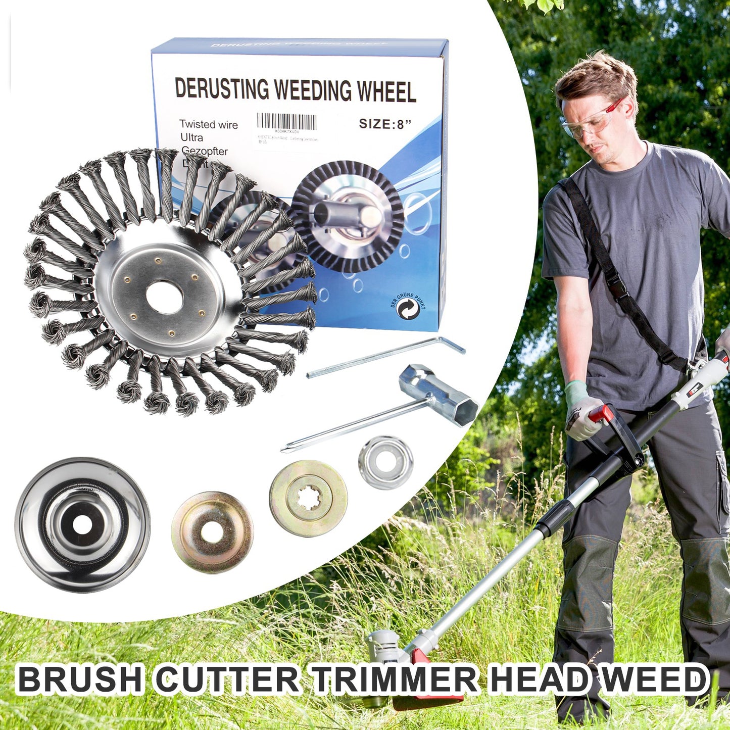 Tête de coupe-herbe à fil acier 6" 8" 10" Roue rotative désherbeuse avec kit adaptateur