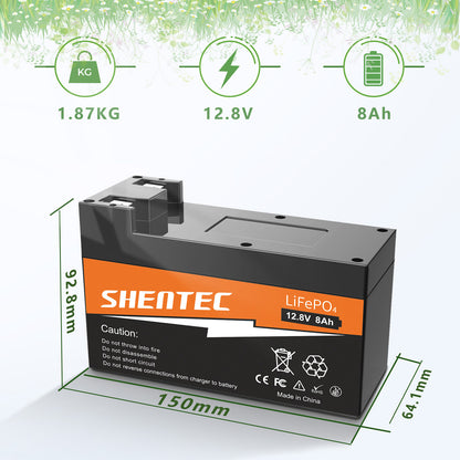 SHENTEC Batterie LiFePO4 8Ah 12,8V avec BMS pour bateau, camping-car, solaire, caravane, camping hors réseau, golf